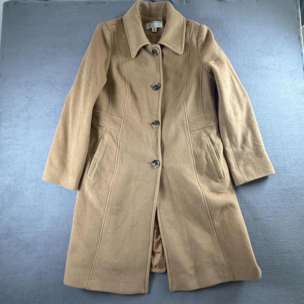 Anne Klein Sz 12 Wool Blend Outdoor Overcoat Tan Long Sleeve Notched Cashmere